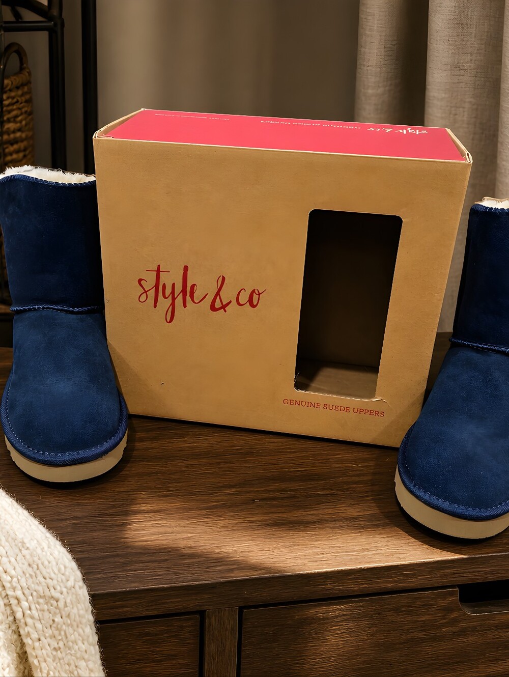 Style & Co. Teenyy Suede Pull-On Ankle Boots in a navy blue color.